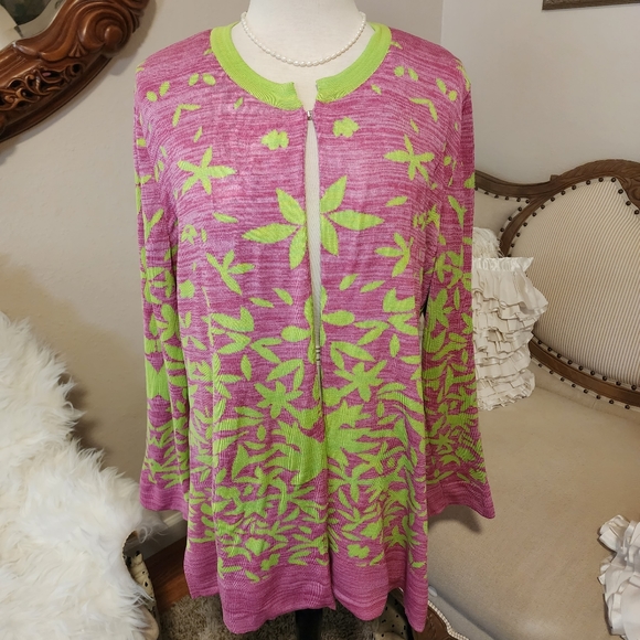 Misook Multileaf Pink & Green Long Cardigan Jacket - Picture 8 of 12